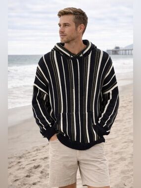 6397 Striped Knit Hoodie Sweater 100% Cotton Navy Cream Olive – Size L